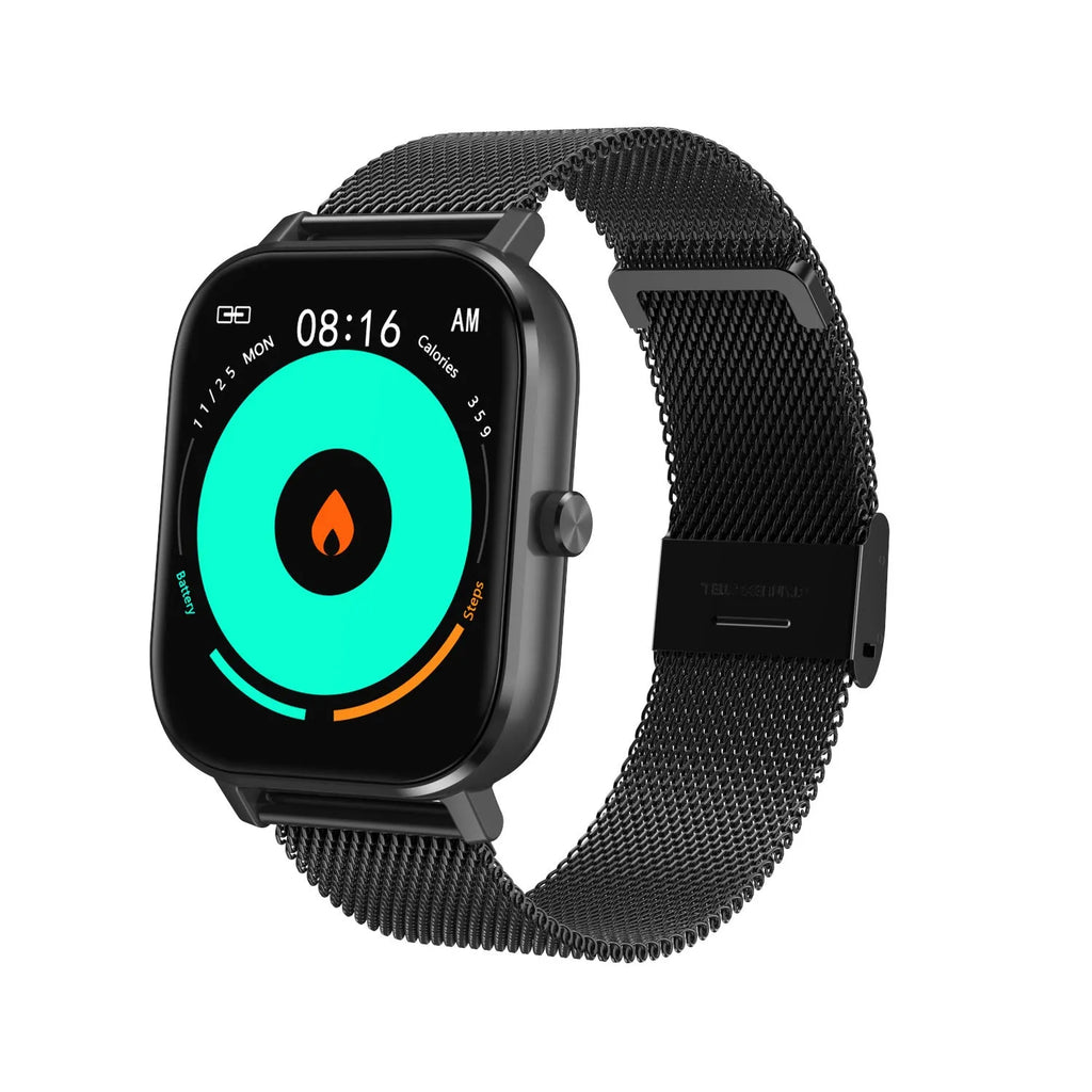 Smart bracelet with 1.54-inch screen showing health stats, shown with both silicone and mesh steel strap options.