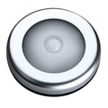 Silver wireless motion sensor night light showing compact 80mm design with LED illumination