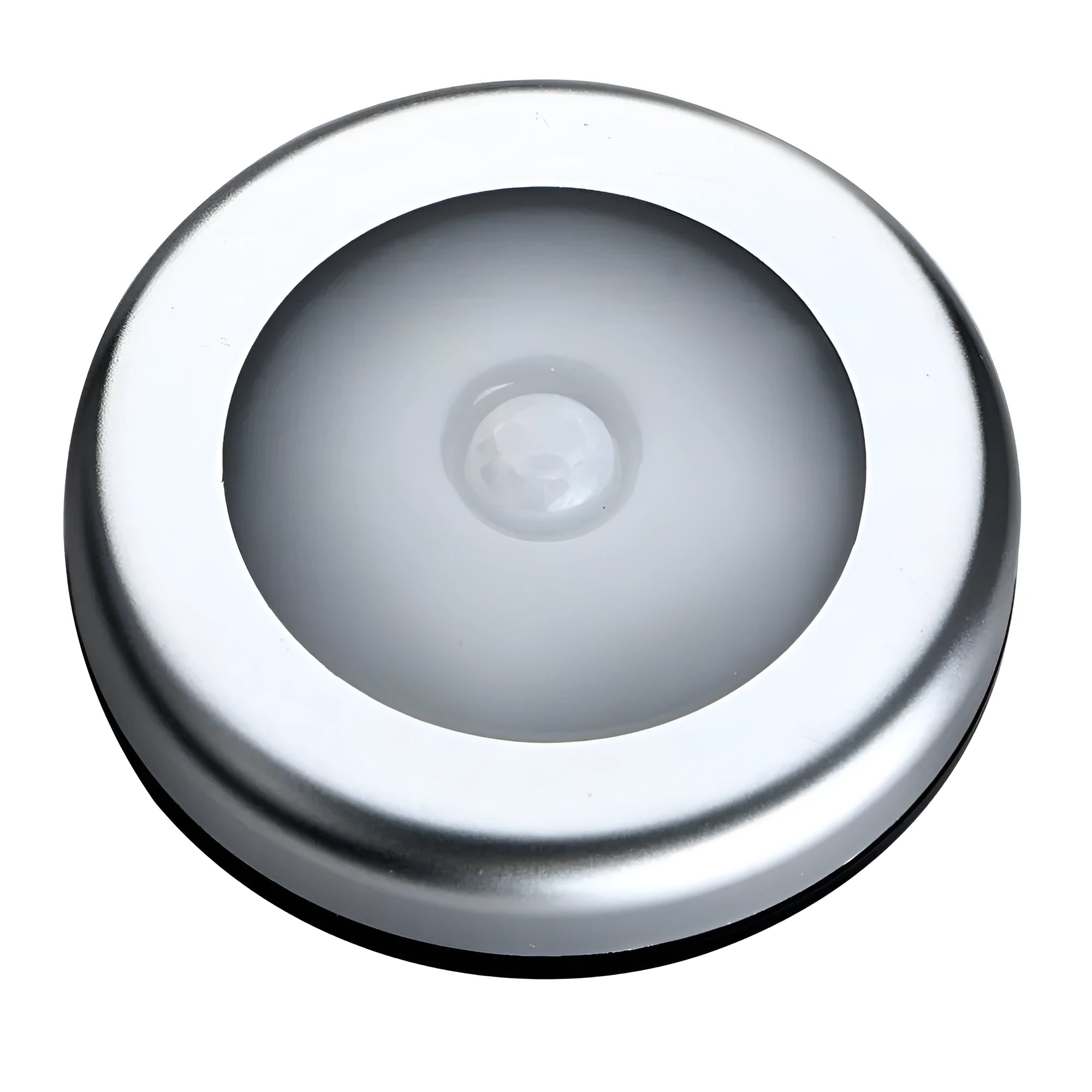 Silver wireless motion sensor night light showing compact 80mm design with LED illumination