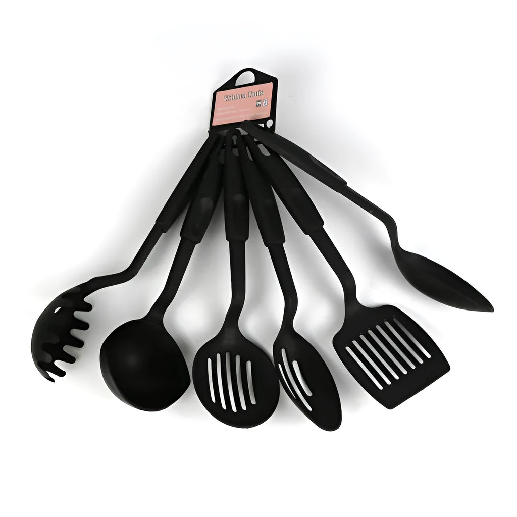 Black rubber and silicone kitchen utensil set with a solid spoon, slotted spoon, and spatula for non-stick pans.