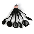 Black rubber and silicone kitchen utensil set with a solid spoon, slotted spoon, and spatula for non-stick pans.