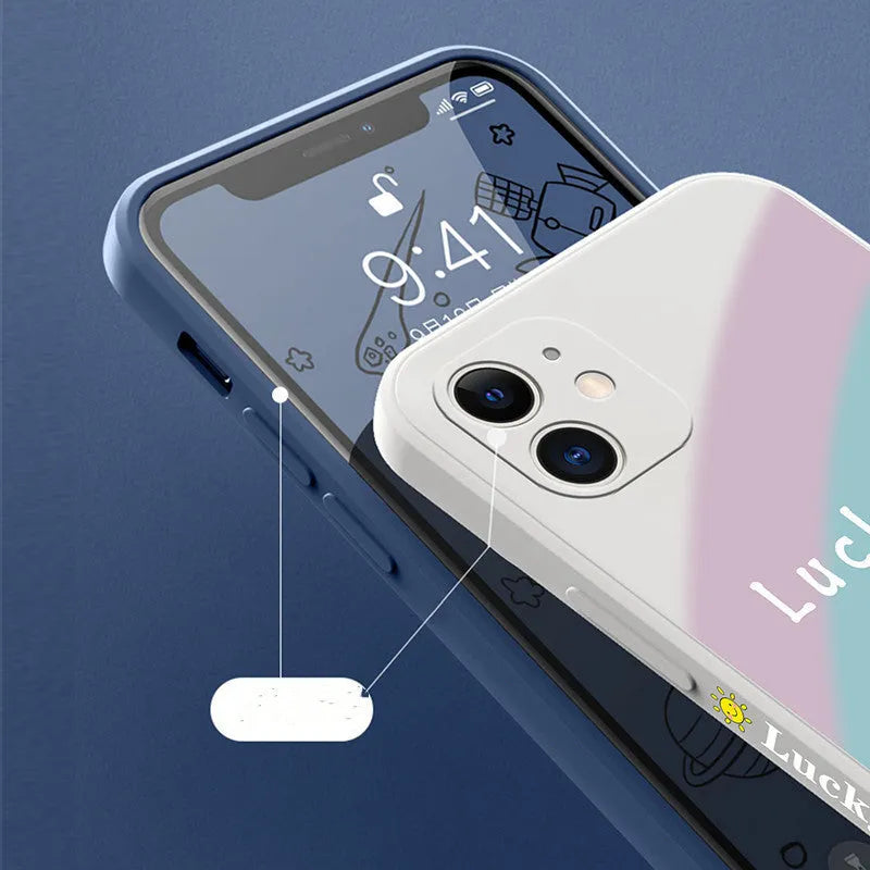 Rainbow smiley face design on a blue silicone phone case for iPhone XR