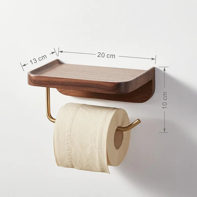 Solid walnut wood wall-mounted paper towel holder with brass fittings in natural wood colour.