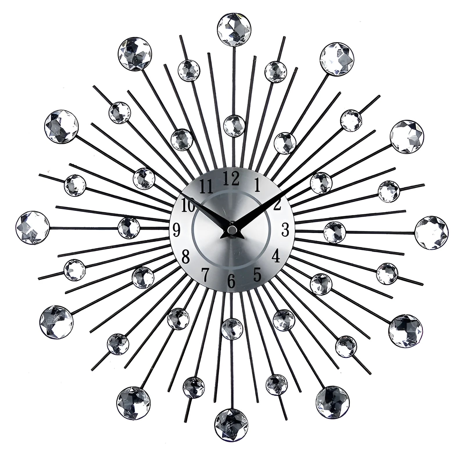 Large round silver mute wall clock with metal frame and numbered dial on a wall.
