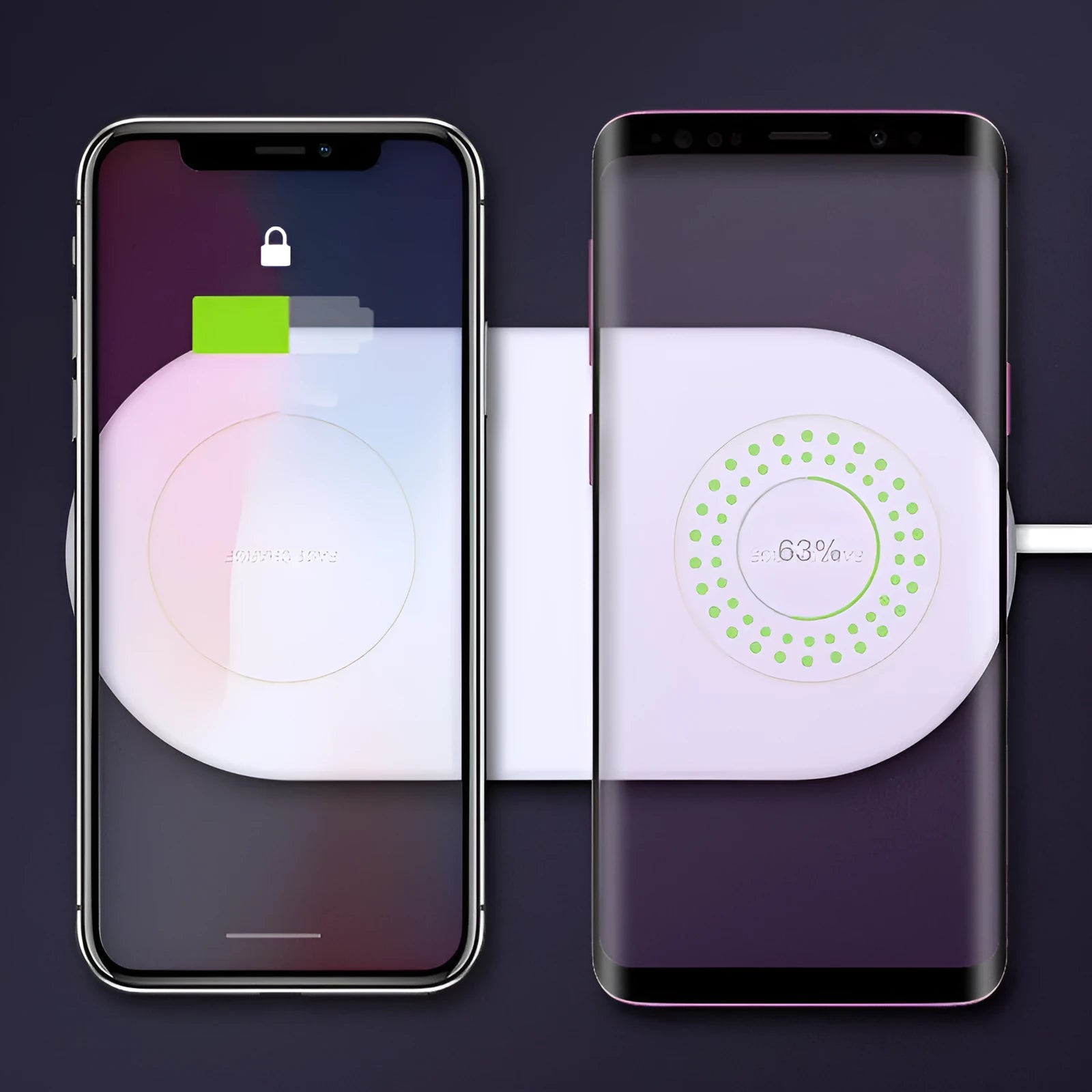 White dual wireless phone charger charging two mobile phones simultaneously on tabletop