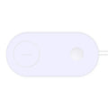 White dual wireless phone charger charging two mobile phones simultaneously on tabletop