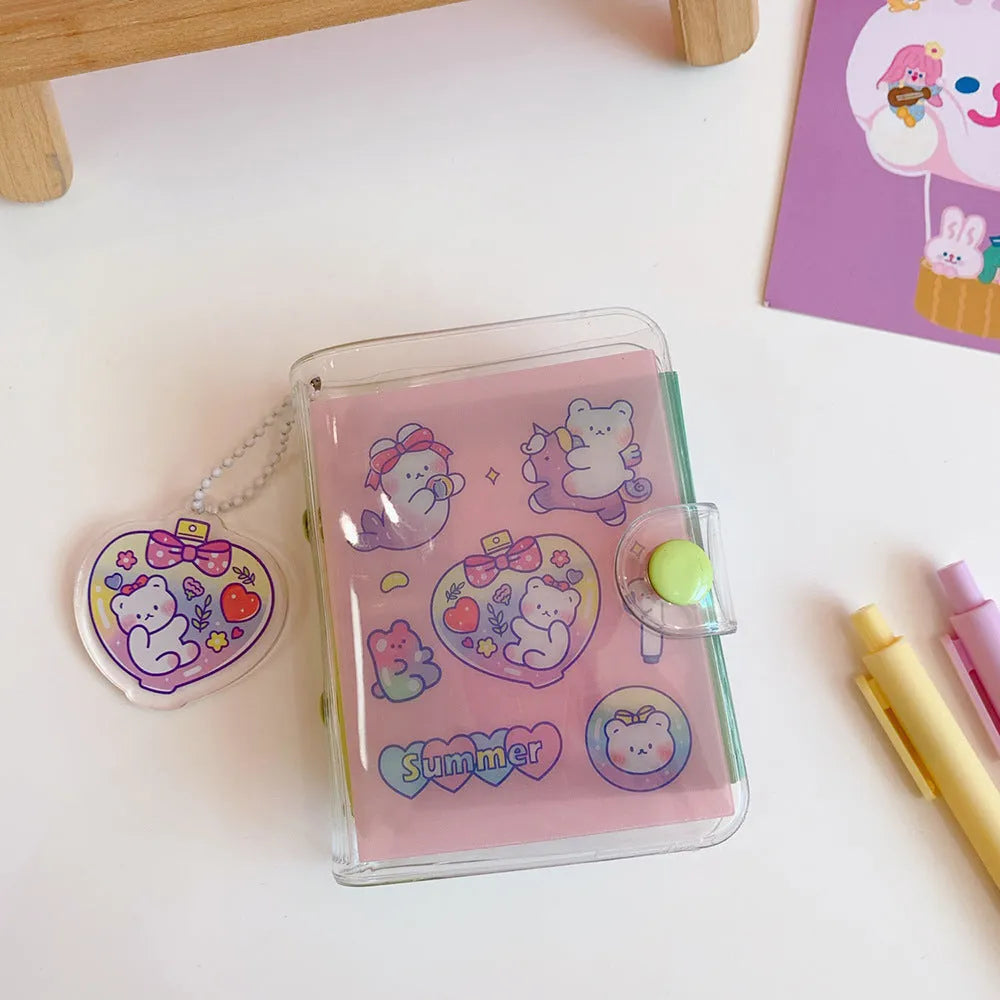 Japanese kawaii hand ledger loose leaf refill showing four cute design options: love bear, candy bear, star bunny, and rainbow castle.