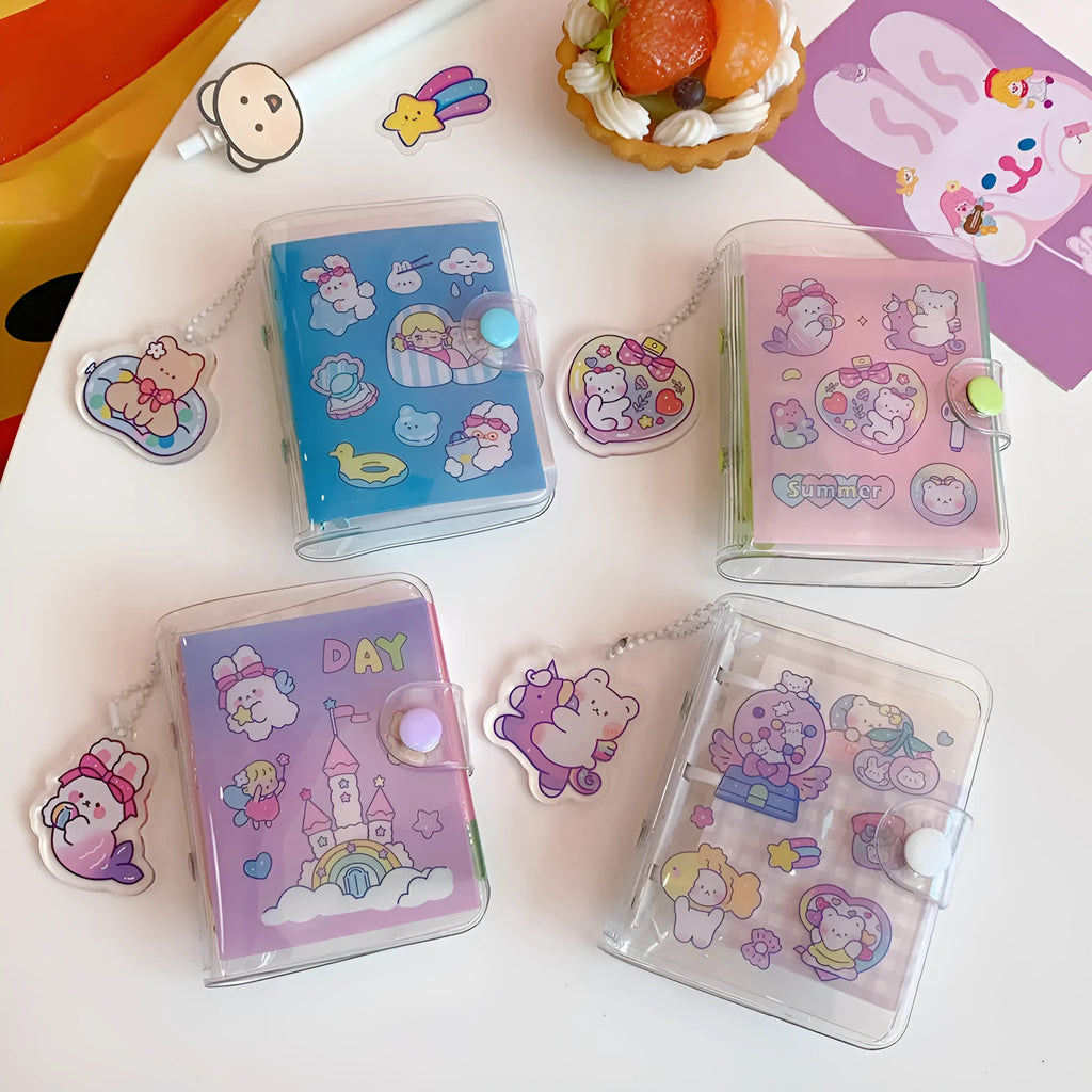 Japanese kawaii hand ledger loose leaf refill showing four cute design options: love bear, candy bear, star bunny, and rainbow castle.