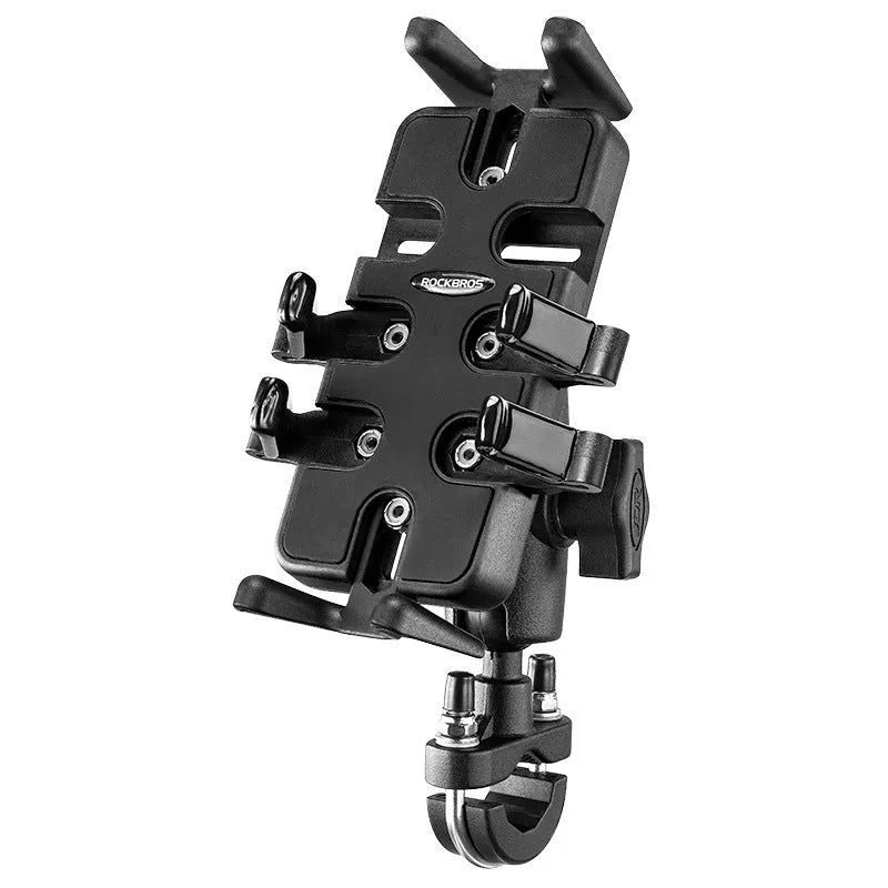 Black universal mobile phone mount with U-shaped clamp for motorcycle and bicycle handlebars.