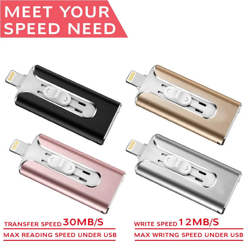 Metal USB flash drive with both Lightning connector for iPhone and USB-A connector for computer.