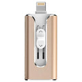 Metal USB flash drive with both Lightning connector for iPhone and USB-A connector for computer.