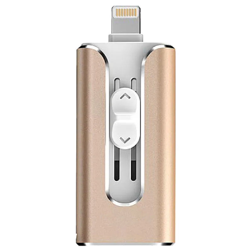 Metal USB flash drive with both Lightning connector for iPhone and USB-A connector for computer.