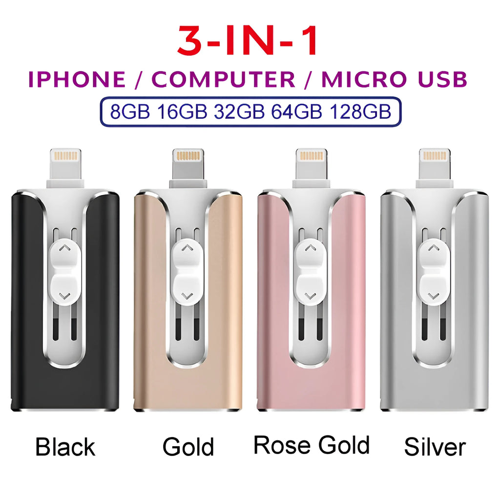 Metal USB flash drive with both Lightning connector for iPhone and USB-A connector for computer.