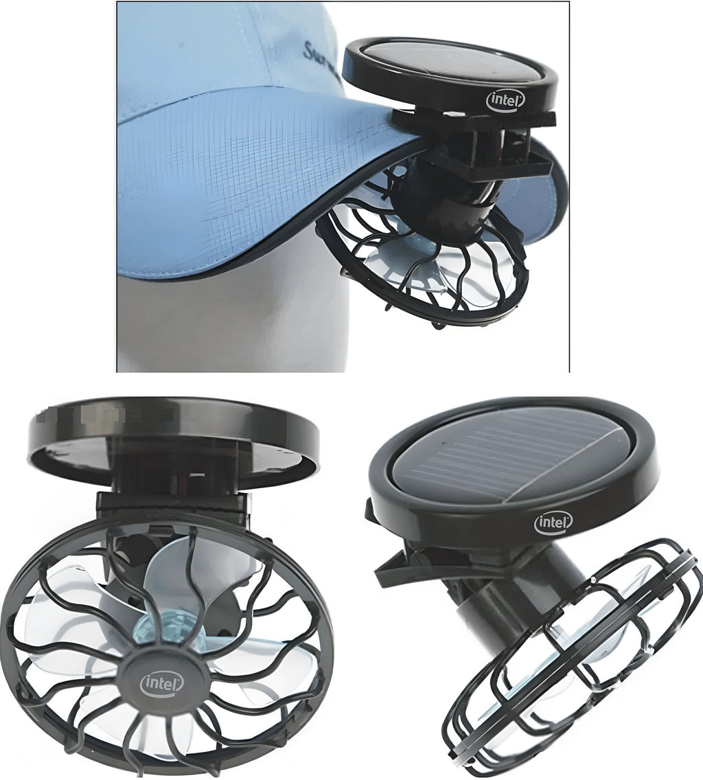 Black solar-powered clip-on fan panel for outdoor cooling during camping and travel