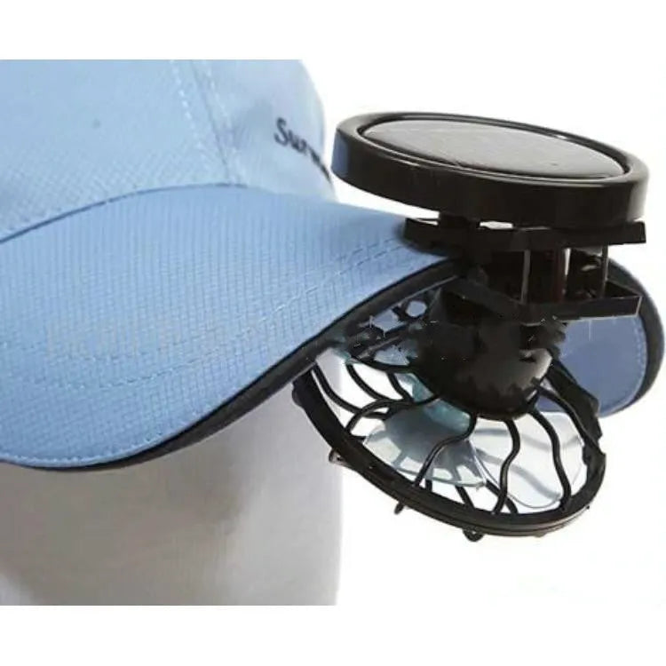 Black solar-powered clip-on fan panel for outdoor cooling during camping and travel