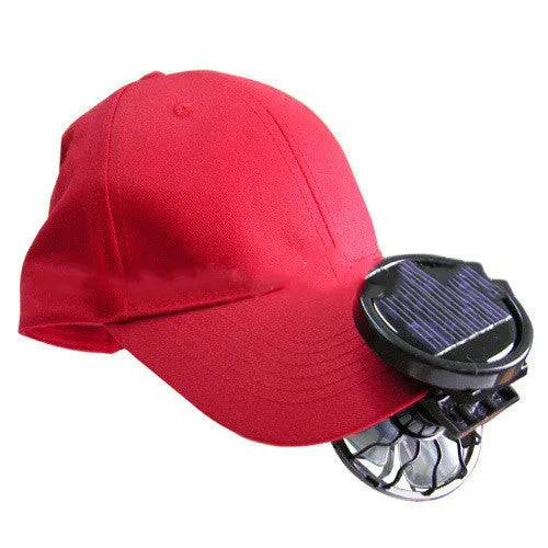 Black solar-powered clip-on fan panel for outdoor cooling during camping and travel