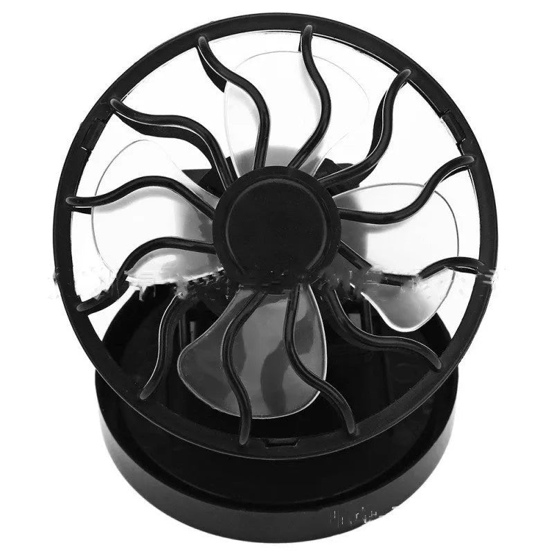 Black solar-powered clip-on fan panel for outdoor cooling during camping and travel