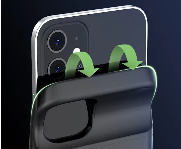 Black ultra-thin wireless back clip battery pack for iPhone 12 series showing clip and multi-U port