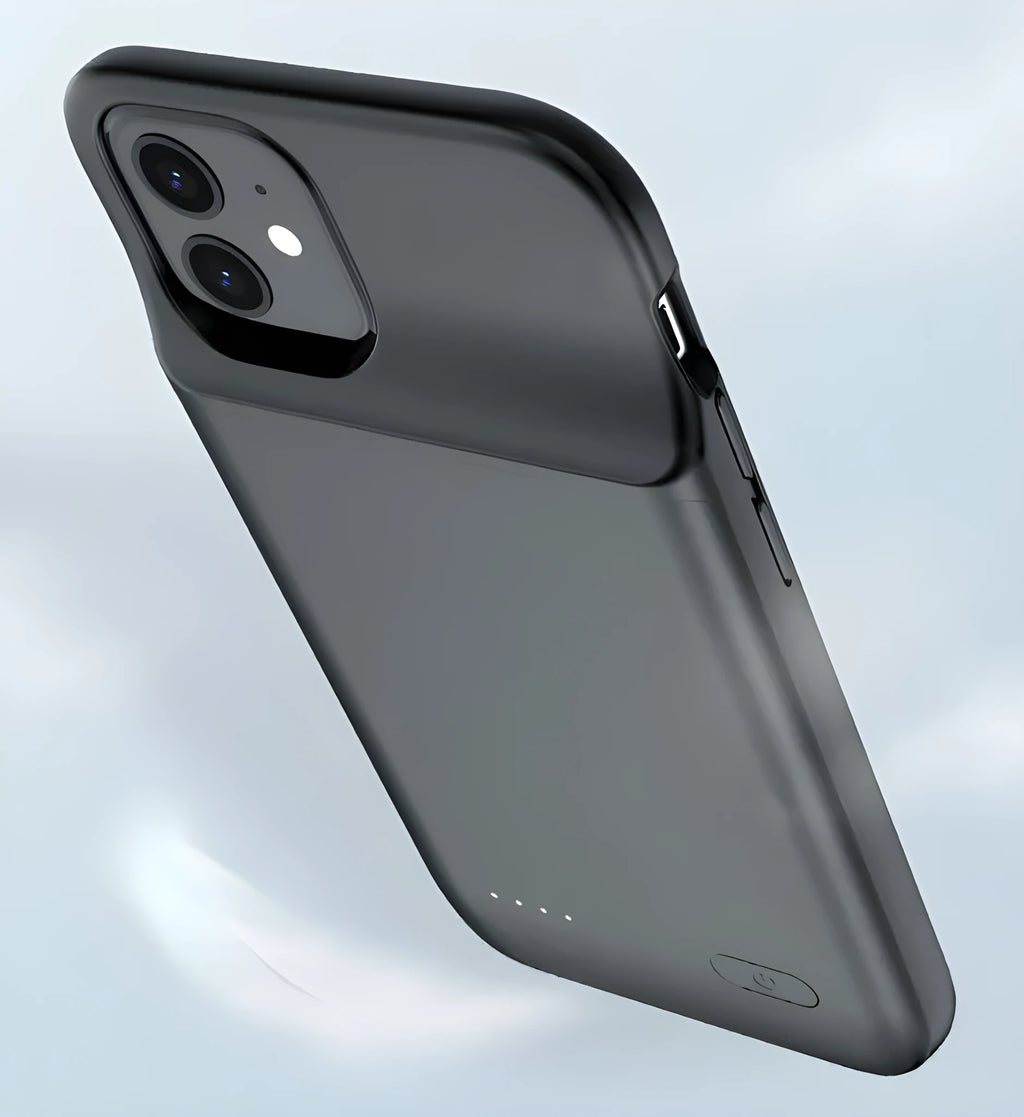 Black ultra-thin wireless back clip battery pack for iPhone 12 series showing clip and multi-U port