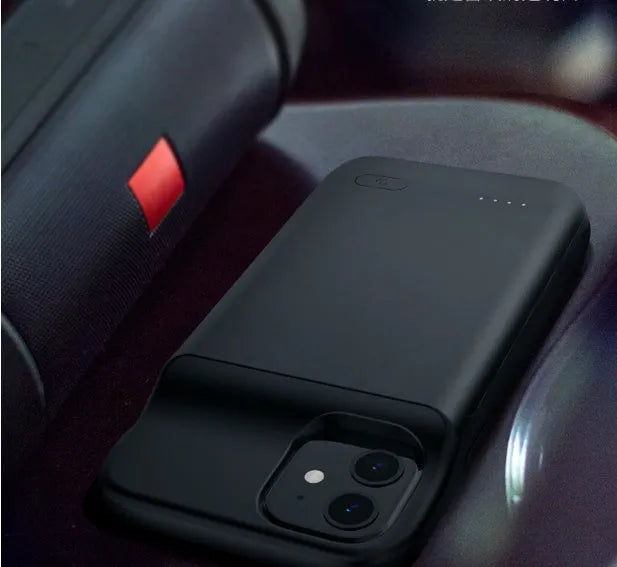 Black ultra-thin wireless back clip battery pack for iPhone 12 series showing clip and multi-U port