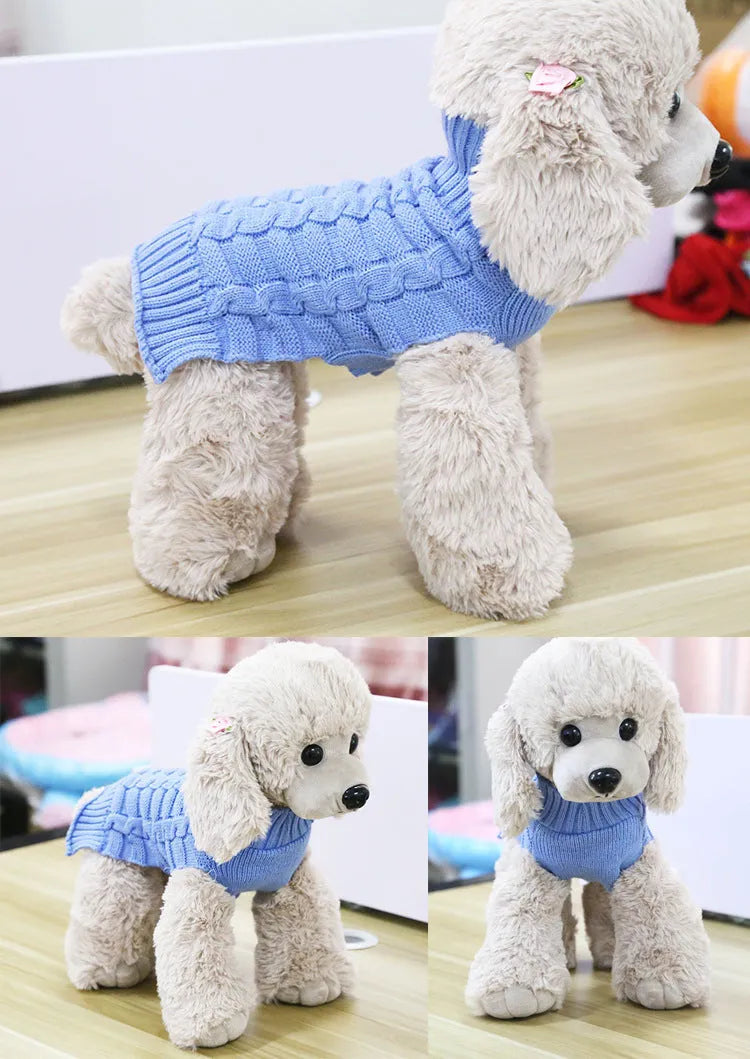 Wool twisted rope knitted dog sweater shown in a choice of colours including blue and patterned red lines.