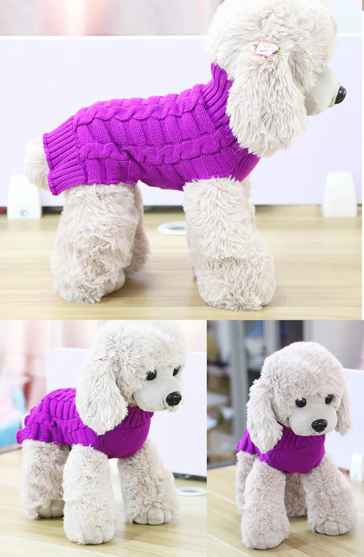 Wool twisted rope knitted dog sweater shown in a choice of colours including blue and patterned red lines.
