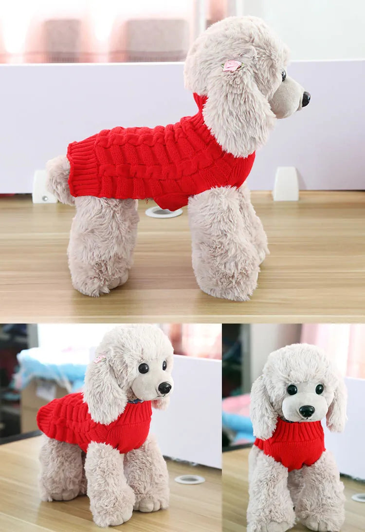 Wool twisted rope knitted dog sweater shown in a choice of colours including blue and patterned red lines.