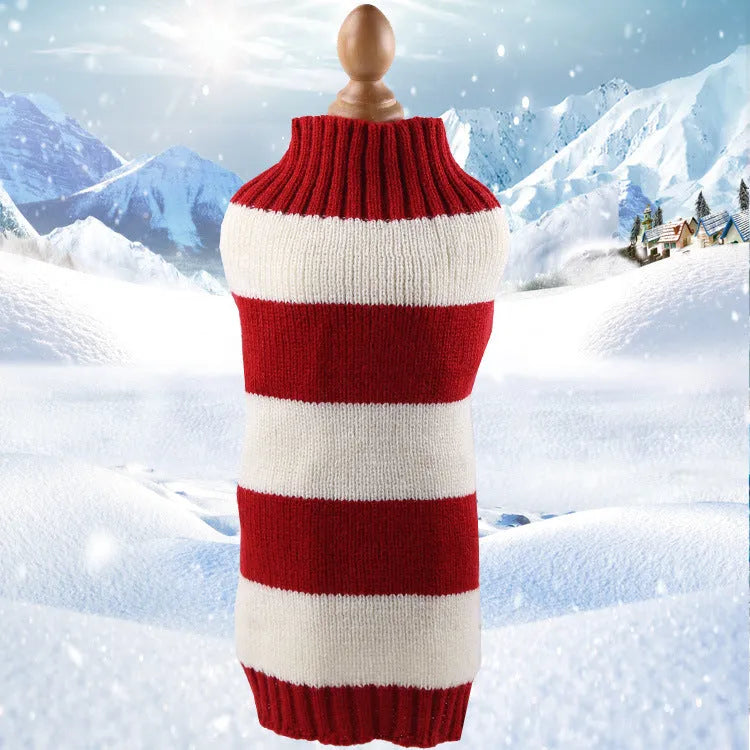 Wool twisted rope knitted dog sweater shown in a choice of colours including blue and patterned red lines.