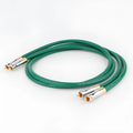 Shielded audiophile RCA audio cable with silver Budweiser plugs on a black background.