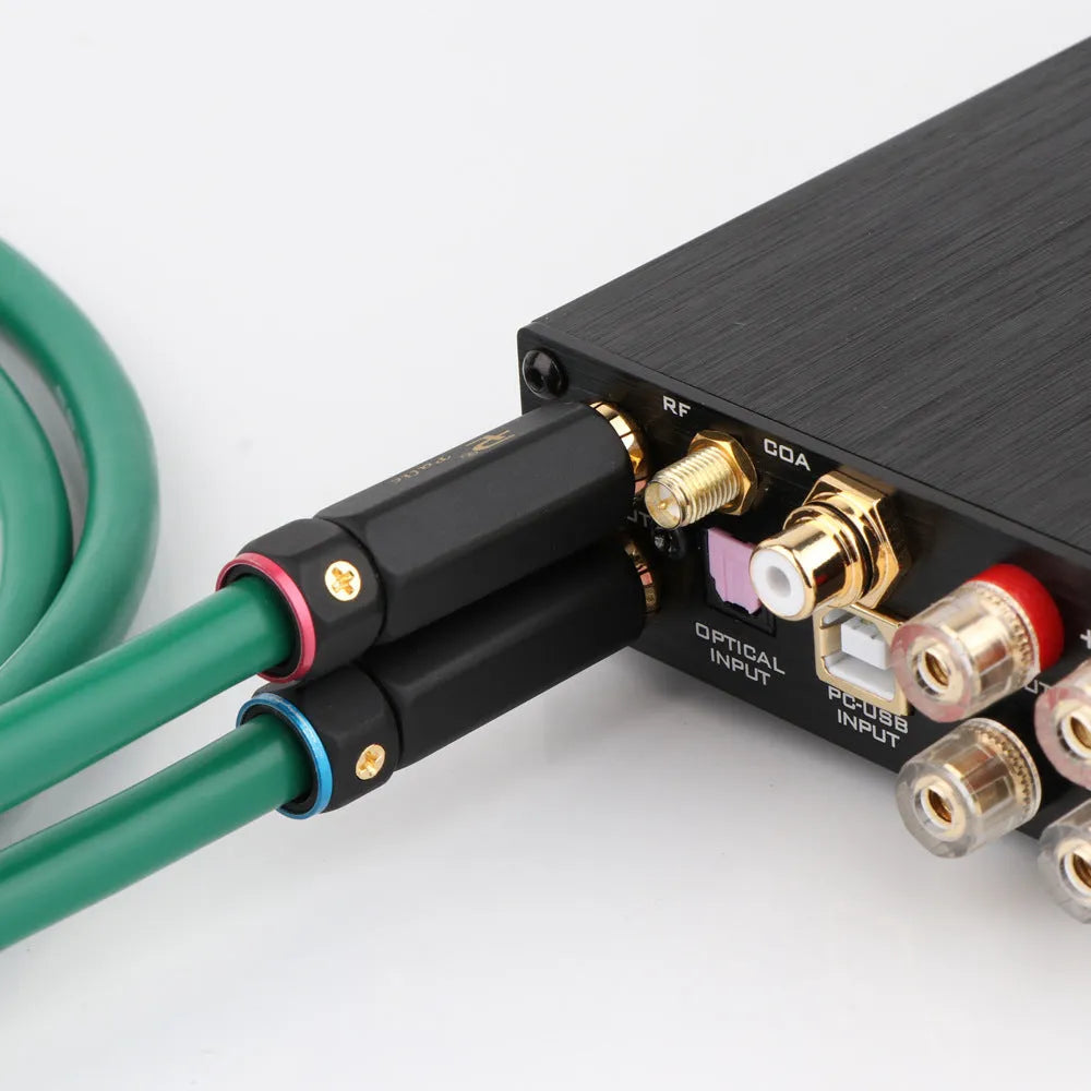 Shielded audiophile RCA audio cable with silver Budweiser plugs on a black background.