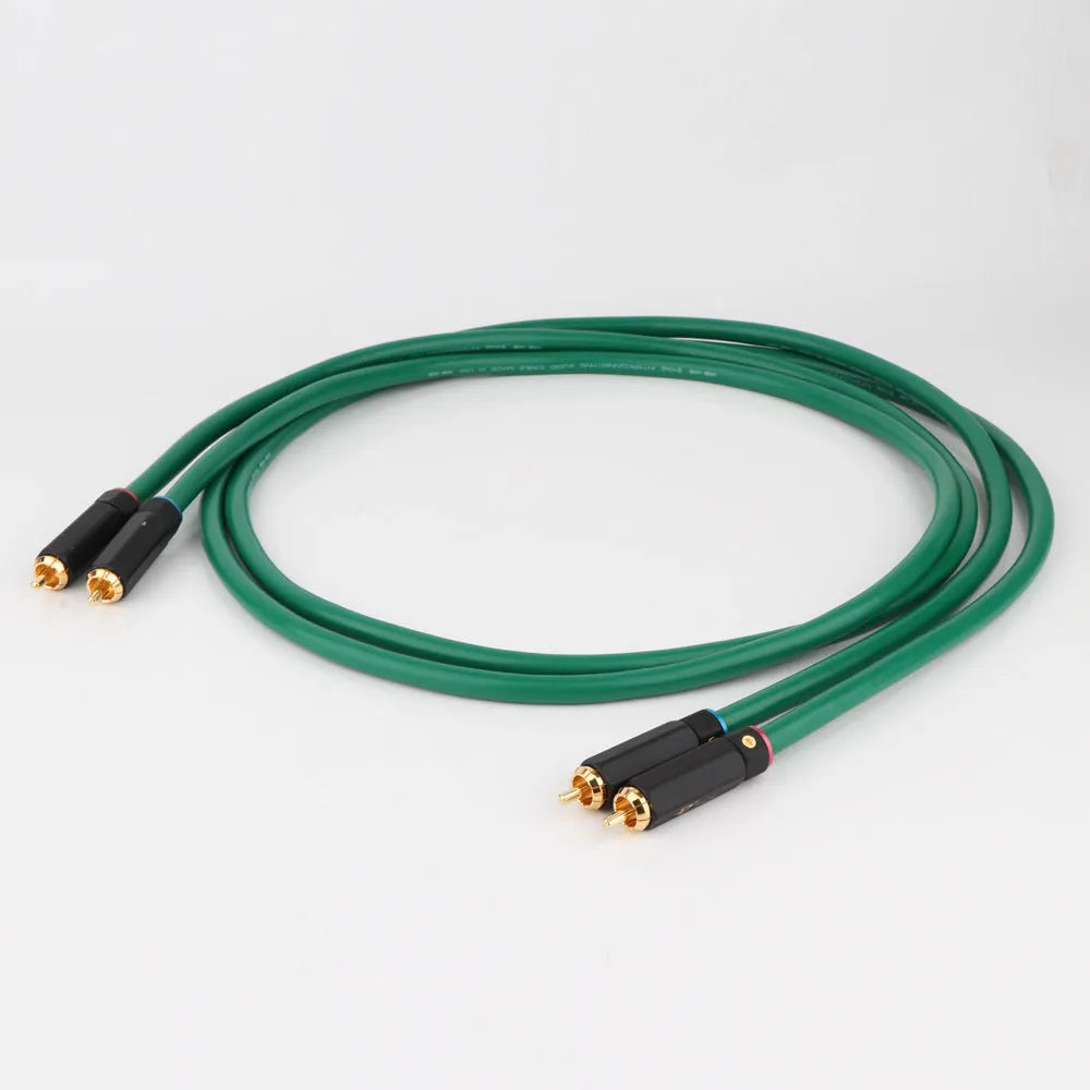 Shielded audiophile RCA audio cable with silver Budweiser plugs on a black background.