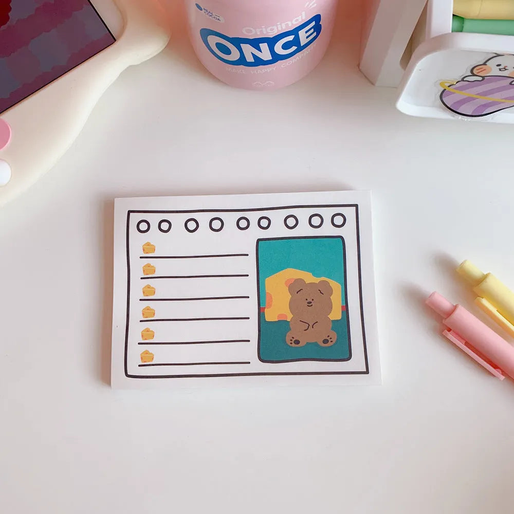 Kawaii bear cartoon design memo pads notebook for to-do lists, showing example colourful covers.