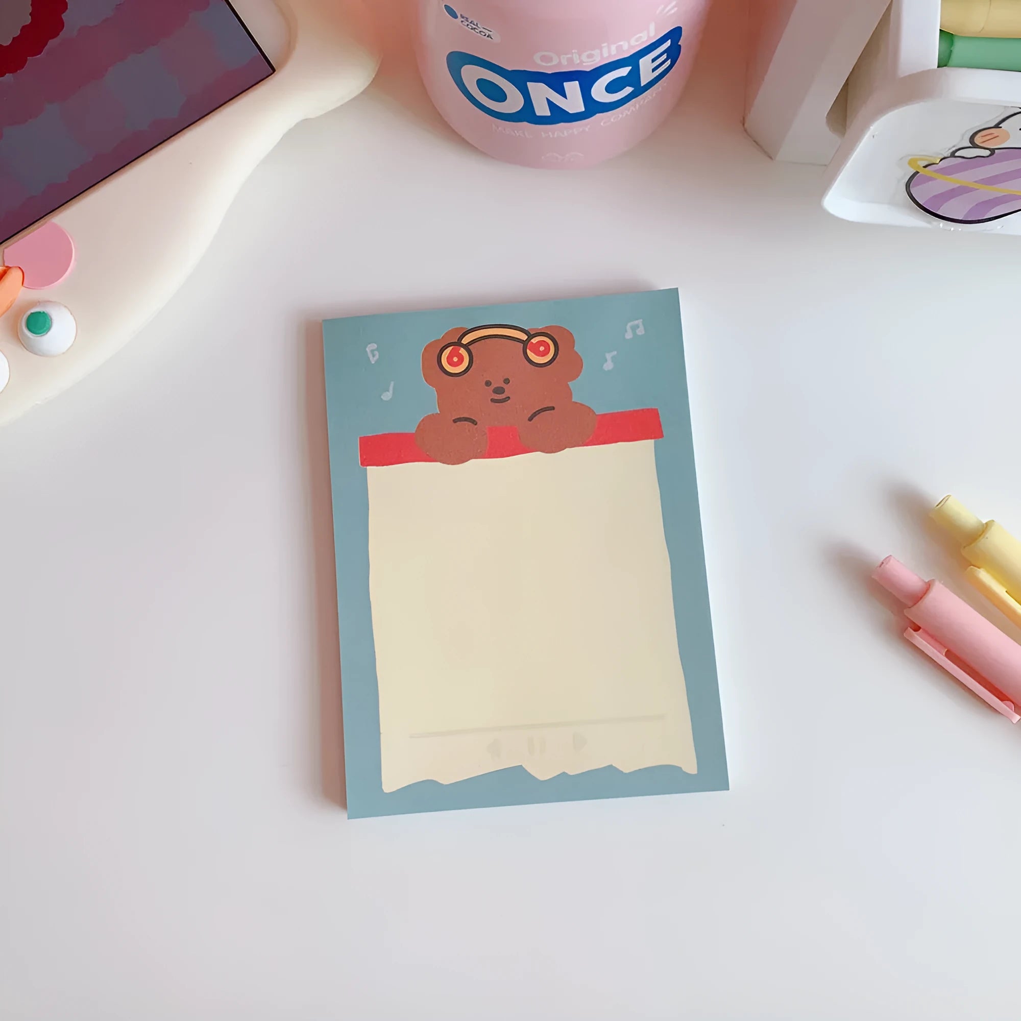 Kawaii bear cartoon design memo pads notebook for to-do lists, showing example colourful covers.