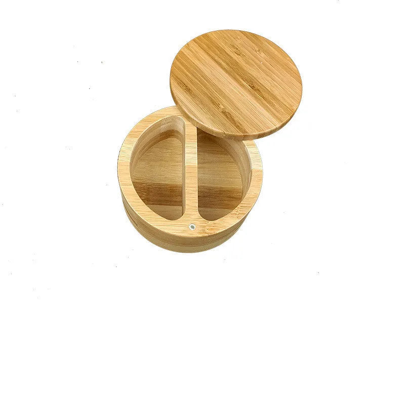 Bamboo seasoning storage box with a bamboo spoon, showing pear-shaped and round compartment options.