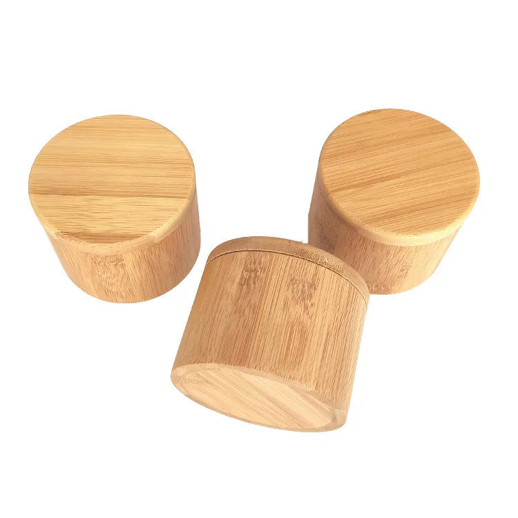 Bamboo seasoning storage box with a bamboo spoon, showing pear-shaped and round compartment options.
