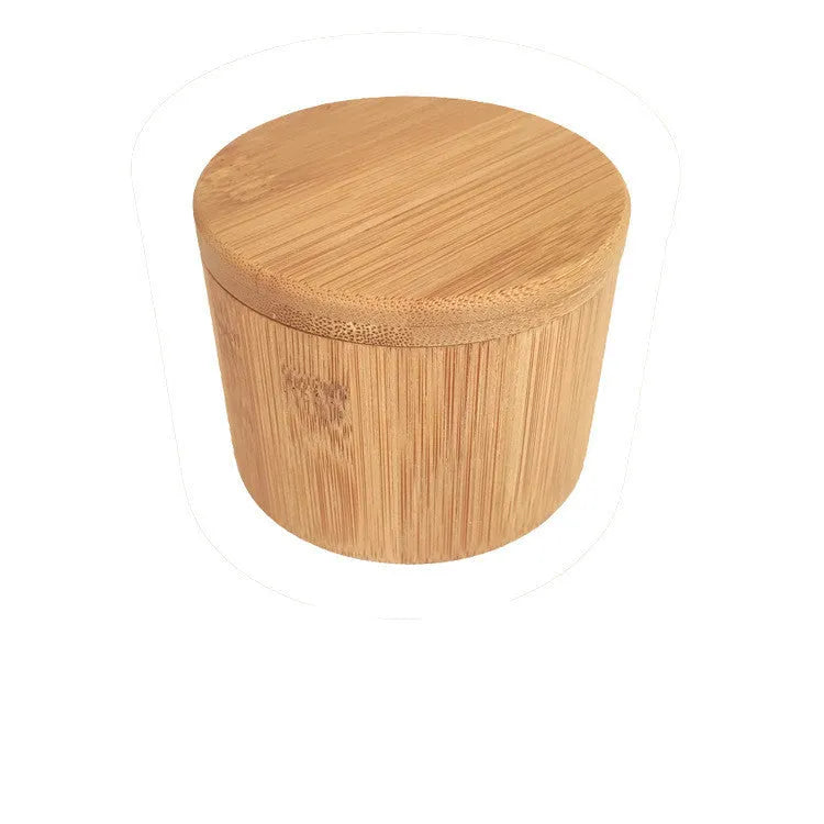 Bamboo seasoning storage box with a bamboo spoon, showing pear-shaped and round compartment options.