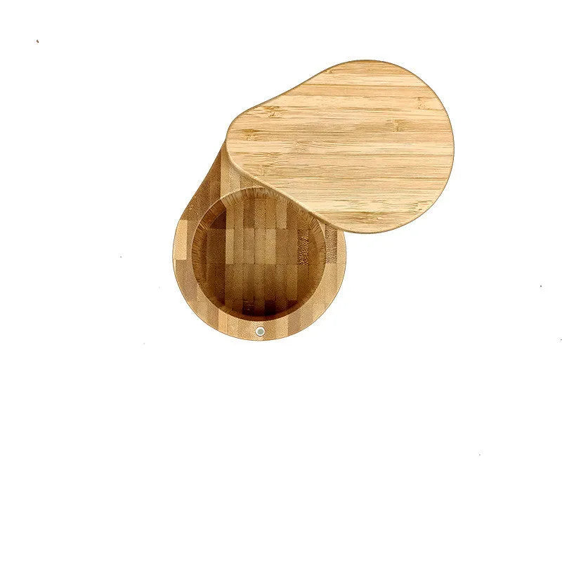Bamboo seasoning storage box with a bamboo spoon, showing pear-shaped and round compartment options.