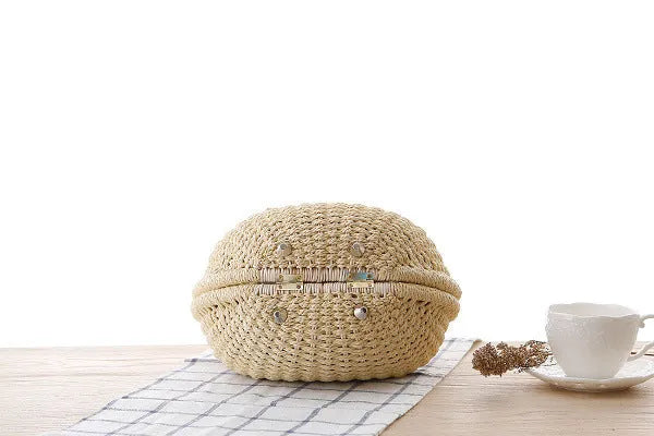 Rattan handbag in round woven straw style with hard shell and inner pocket