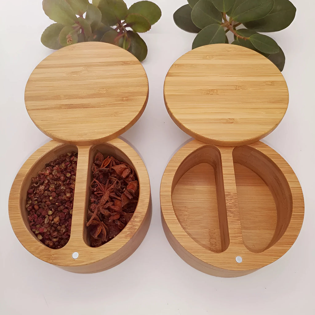 Bamboo seasoning storage box with a bamboo spoon, showing pear-shaped and round compartment options.