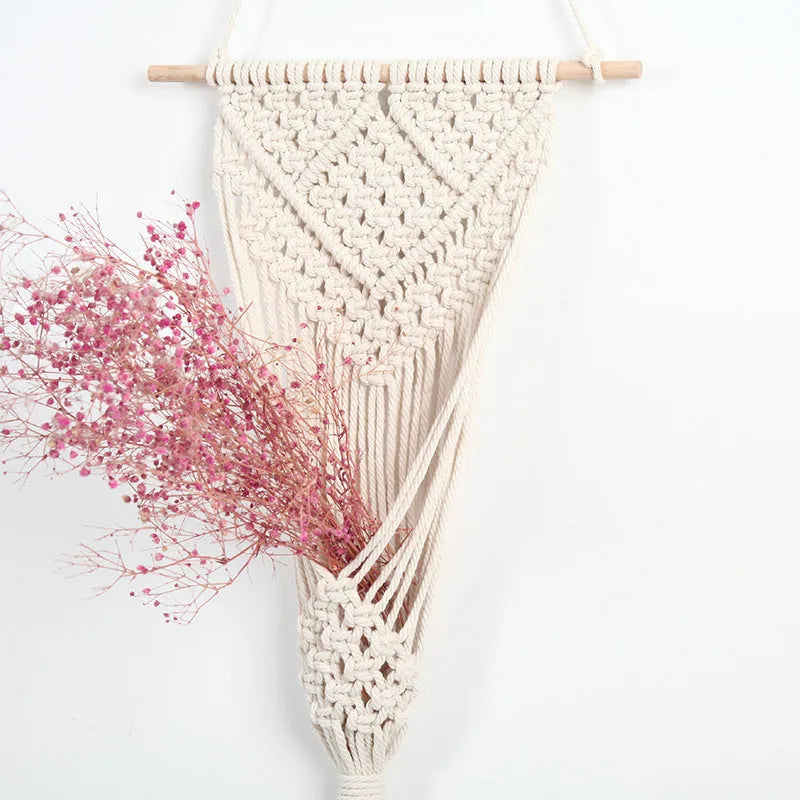 White hand-woven cotton net bag wall basket with rectangular grid pattern, measuring 30 by 70 cm.