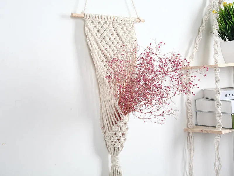 White hand-woven cotton net bag wall basket with rectangular grid pattern, measuring 30 by 70 cm.