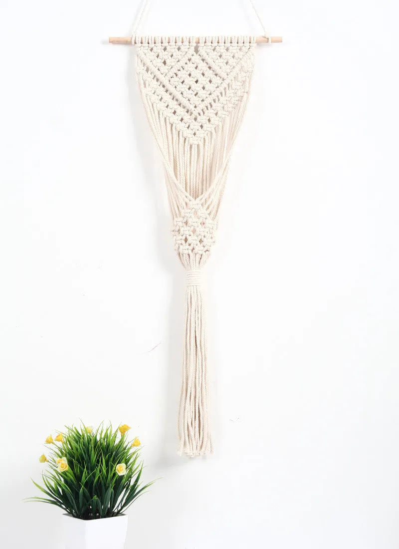 White hand-woven cotton net bag wall basket with rectangular grid pattern, measuring 30 by 70 cm.