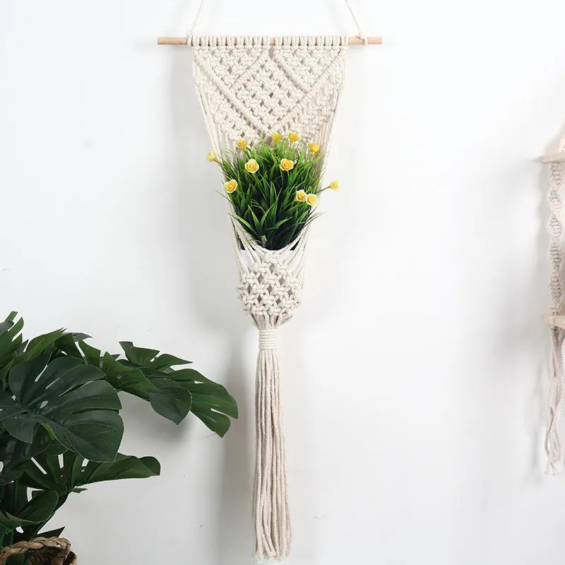 White hand-woven cotton net bag wall basket with rectangular grid pattern, measuring 30 by 70 cm.