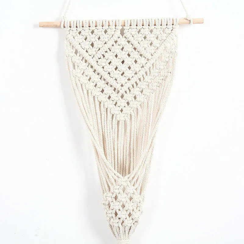 White hand-woven cotton net bag wall basket with rectangular grid pattern, measuring 30 by 70 cm.