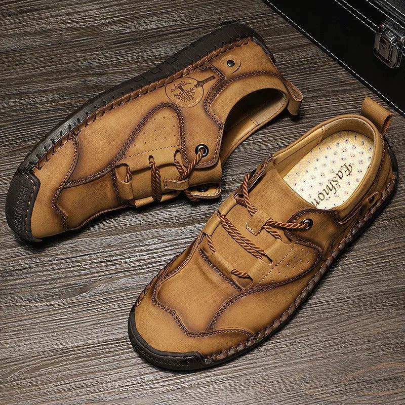 Men's black casual leather shoes with round toe and plain microfiber upper