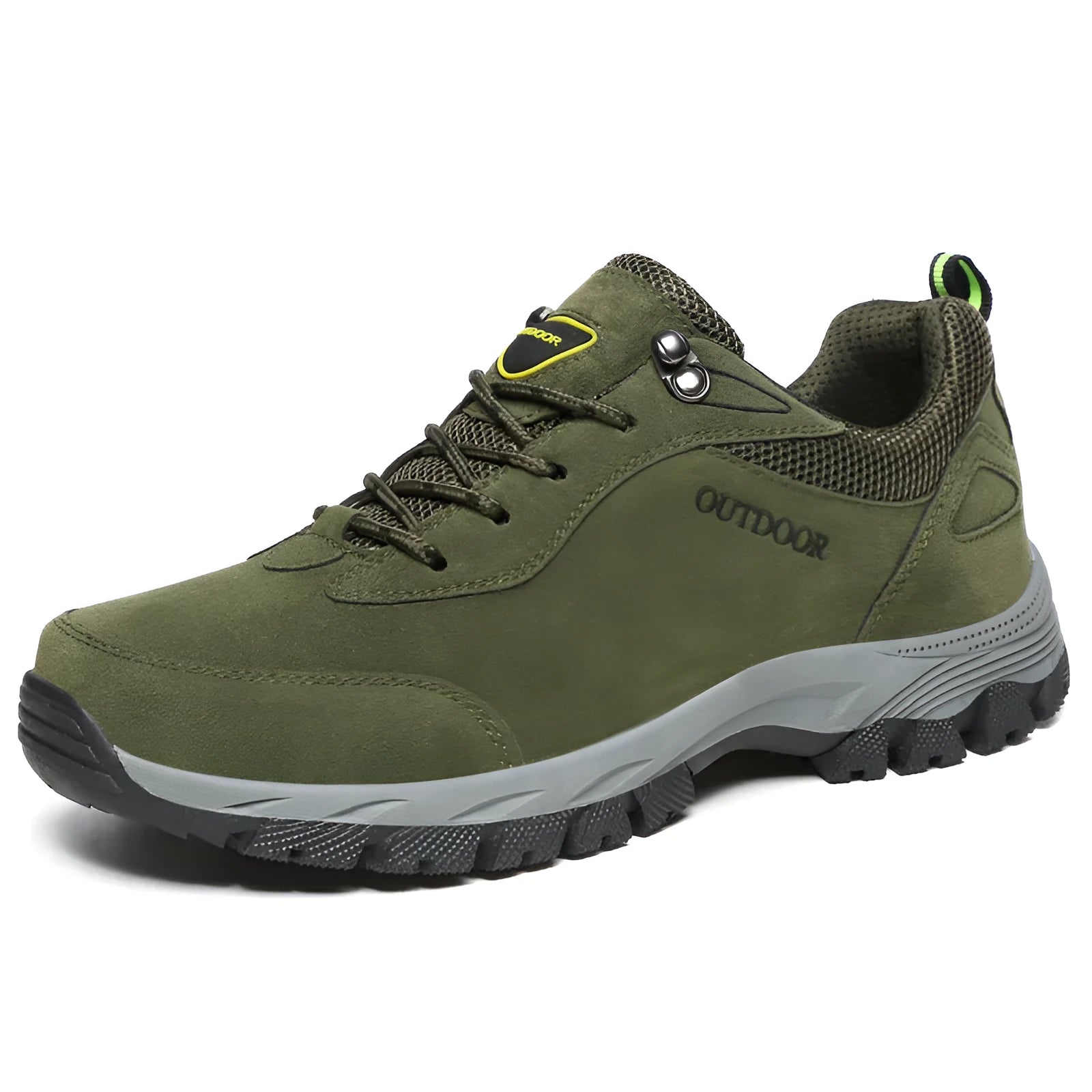 Men's low-cut casual hiking shoe in Army Green, available in sizes 39 to 49.