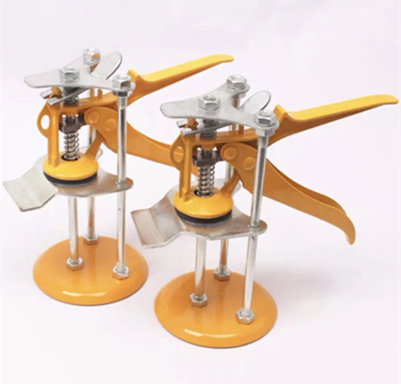 Metal tile raising locator tool with adjustable height for floor installation on concrete.