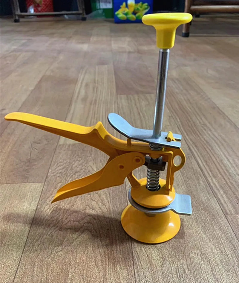 Metal tile raising locator tool with adjustable height for floor installation on concrete.