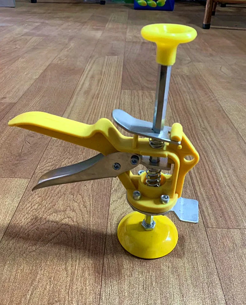 Metal tile raising locator tool with adjustable height for floor installation on concrete.