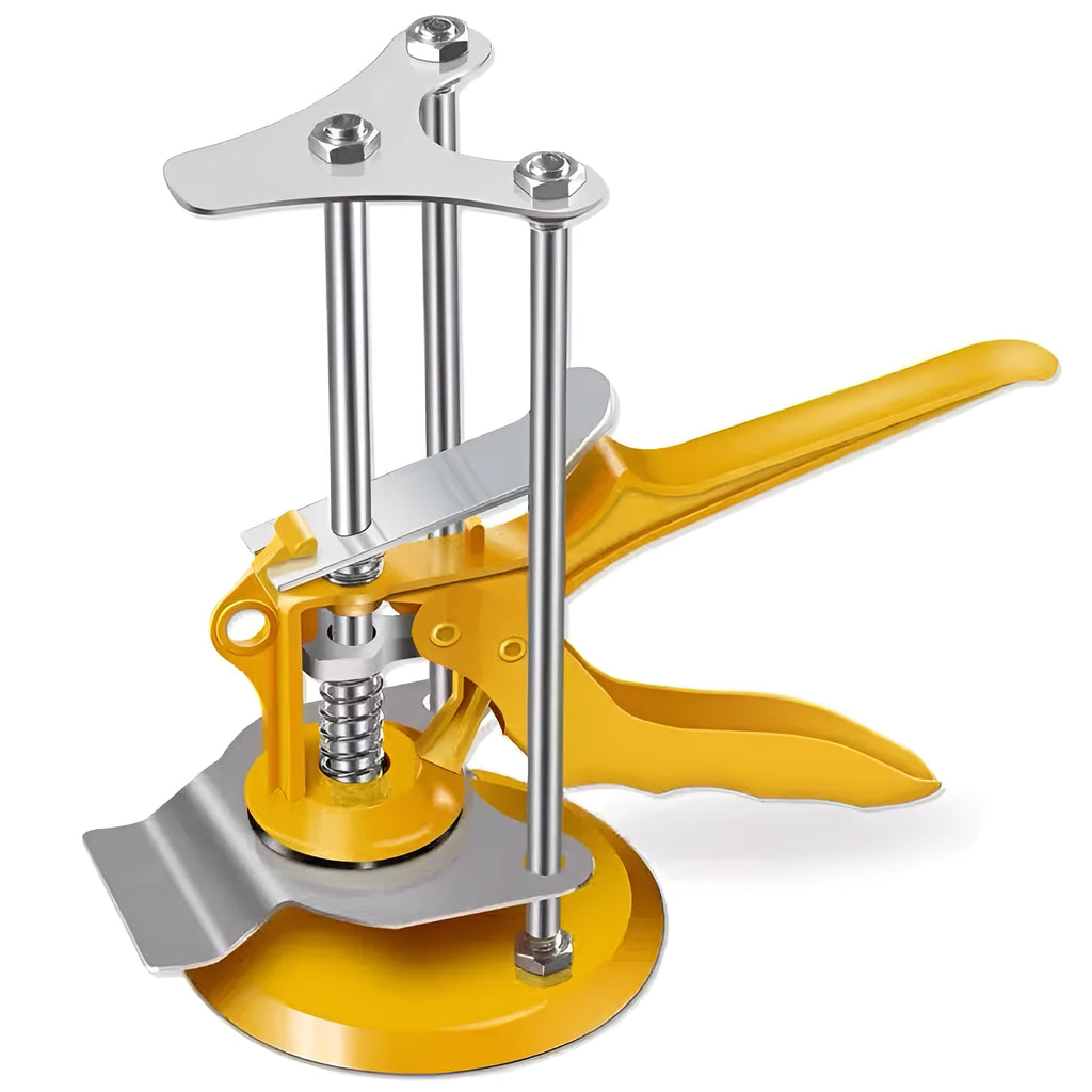 Metal tile raising locator tool with adjustable height for floor installation on concrete.